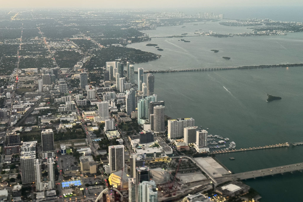 An aerial view of the city, in Miami, United States on May 9, 2024. (Photo by Jakub Porzycki/NurPhoto via Getty Images)