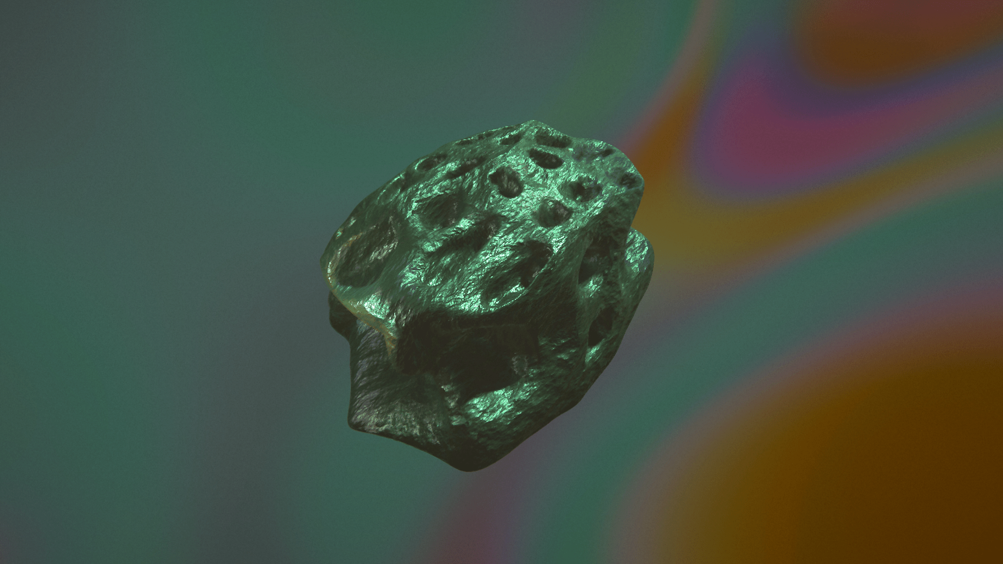 A screenshot of a digitally rendered rock against a multi-colored background.